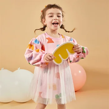 Платья с длинными рукавами Для Маленьких девочек из 100% хлопка и Марли в стиле Пэчворк Розовая Одежда Принцессы 2022 г. Осенний Досуг С Принтом 18 М 7 ЛЕТ Детская Одежда