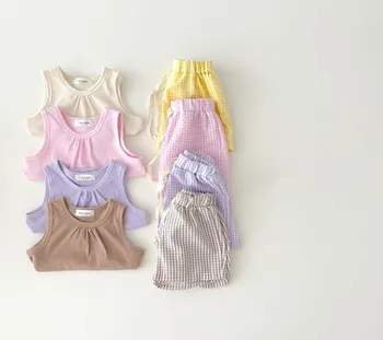 2023 Летний новый комплект детской одежды из тонкого хлопка, короткая футболка без рукавов для младенцев + шорты, комплект из 2 предметов, жилет для мальчиков и девочек, детская одежда
