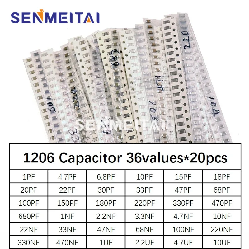 1206 SMD Конденсатор ассорти комплект, 36 значений * 20шт = 720шт 1pF ~ 10uF Набор образцов электронный diy kit