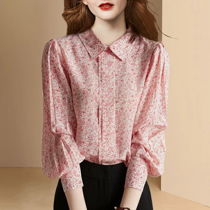 2023 Элегантные женские винтажные дизайнерские блузки на лето, женская шифоновая рубашка с цветочным принтом для поездок на работу, женственные топы-рубашки