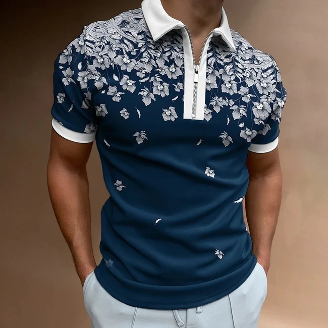 Мужская рубашка-поло с цветочным принтом, короткими рукавами, воротником Regular Fit, рубашка-поло на молнии, повседневное поло