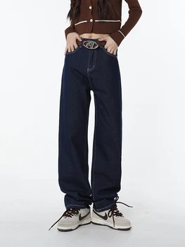 Прямая уличная одежда в стиле харадзюку с высокой талией, синие джинсовые брюки, весенняя корейская мода, женские винтажные джинсовые брюки Y2K, джинсовая ткань