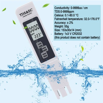 Цифровой тестер качества воды TDS EC Диапазон измерения 0-9990 Многофункциональный измеритель температуры чистоты воды TEMP PPM Tester