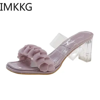 Летние женские туфли-лодочки, сандалии и тапочки, женские прозрачные тапочки из плексигласа на высоком каблуке с открытым носком, прозрачные сандалии на каблуке