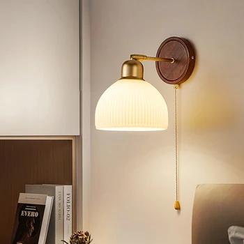 Настенный светильник из скандинавского стекла для гостиной, прикроватной тумбочки в спальне, настенный светильник цвета дерева с выдвижным выключателем, Декоративное украшение для дома E27