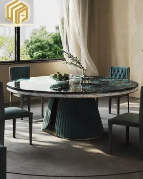 Сочетание круглого стола и стула из светлого роскошного натурального камня, дизайнерская вилла высокого класса, большой семейный ресторан с поворотной панелью