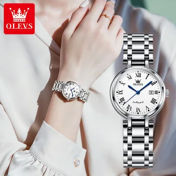 OLEVS 5575, Женские наручные часы с водонепроницаемым ремешком из нержавеющей стали, модные кварцевые часы для женщин с календарем