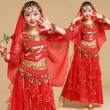 4шт. Костюмы для танца живота для девочек, Индийское танцевальное платье, детские сценические танцевальные костюмы, комплект для выступления, детский костюм для живота