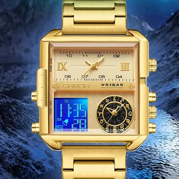 Модный бренд Sanda, квадратный циферблат, многофункциональные электронные мужские кварцевые часы с электронным двойным механизмом, мужские часы с тремя дисплеями, лидирующий бренд.