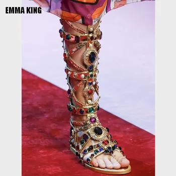 Летние разноцветные сандалии-гладиаторы с кристаллами 2023, Туфли на плоской подошве с круглым носком, новейшая Сексуальная Золотая женская обувь для вечеринок, обувь для подиума 44