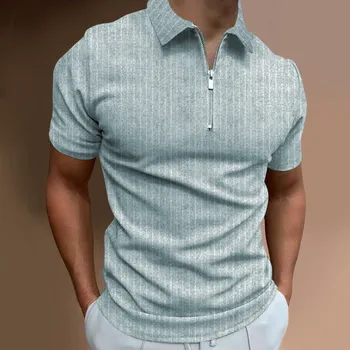 Топы с принтом, блузка с коротким рукавом, повседневная мужская рубашка с отложным воротником на молнии, мужская блузка в полоску