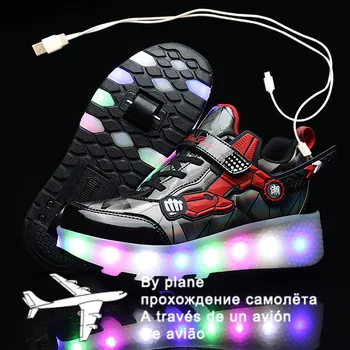Детские Светящиеся кроссовки на двух колесах, черные, Розовые, красные, со светодиодной подсветкой, обувь для роликовых коньков, детская светодиодная обувь для мальчиков и девочек, зарядка через USB