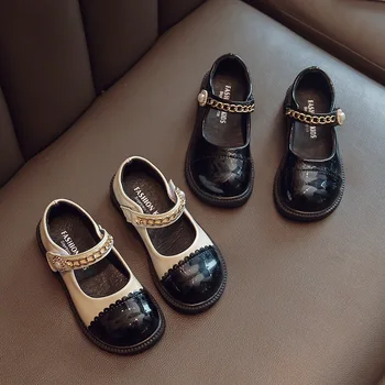 Модельные туфли принцессы для девочек от 3 до 12 лет, вечерние туфли из лакированной кожи Eleagant, черно-бежевая нескользящая детская обувь Mary Janes для малышей