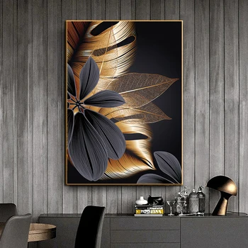 Черно-золотые листья растений, картины на холсте в скандинавском стиле, современные модные плакаты, принты, Абстрактные картины для гостиной, декор для дома