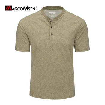 Мужская футболка Henley от MAGCOMSEN, хлопковая летняя модная футболка с коротким рукавом и планкой спереди на 3 пуговицы