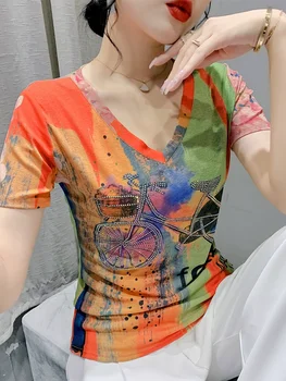 Летняя сетчатая футболка с принтом для девочек, V-образный вырез, короткий рукав, искусственные бриллианты, эластичные тонкие футболки FF9891