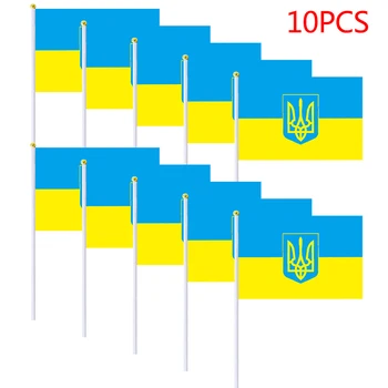 10шт Флаг Украины Ручной Мини-флаг Украины 14*21 см с белым Шестом