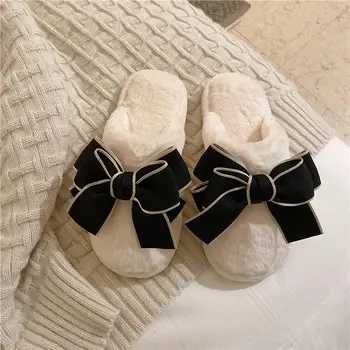 Корейская версия Универсальная мода 2023 года Корейская версия Зимняя домашняя плюшевая Теплая Милая Повседневная Домашняя хлопчатобумажная обувь с милым бантом