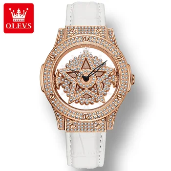 OLEVS 9938 Водонепроницаемые женские часы с ремешком из натуральной кожи, роскошные кварцевые модные женские наручные часы с бриллиантами