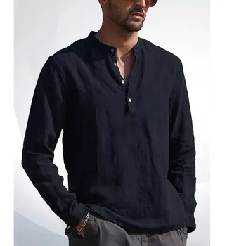Мужская футболка с длинными рукавами, Летний Однотонный Весенний Пуловер на Пуговицах, Повседневная Модная Универсальная футболка с круглым вырезом, Черный