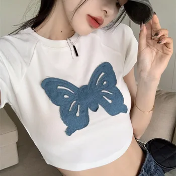 Летние женские футболки с вышивкой бабочек 2023, новый дизайн, укороченные топы Y2K с коротким рукавом, базовые милые белые футболки