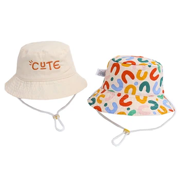 Двусторонняя панама, Летняя Детская солнцезащитная шляпа, Милая кепка Рыбака с вышитыми буквами для мальчиков и девочек, осенние уличные детские солнцезащитные шляпы
