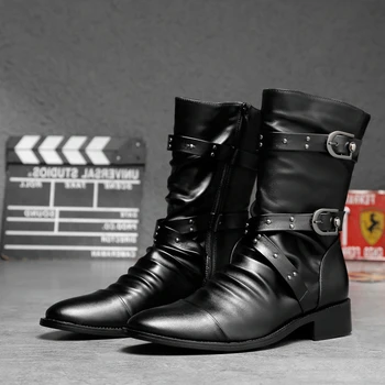 Мужские кожаные ботинки, высококачественные мягкие байкерские ботинки, черная обувь в стиле панк-рок, мужские женские высокие ботинки, Размер 38-45, обувь для локомотивов