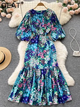 Модное винтажное платье с цветочным принтом, женские эластичные свободные платья с пышными рукавами и тонкой талией, лето 2023, Лето 11XX2910