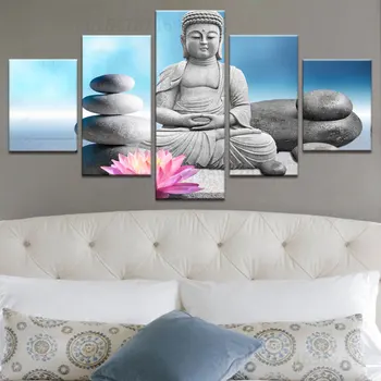 5 Панельных настенных рисунков Из камней с цветком, Статуя Будды, живопись, настенные панно для гостиной, холст, плакат с HD-печатью, 5 штук