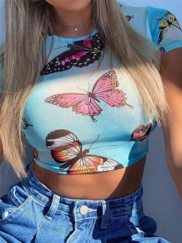 Летняя новинка, сексуальная обтягивающая сетчатая перспективная футболка с принтом бабочки, повседневная женская клубная вечеринка Y2k, эстетичный укороченный топ с коротким рукавом