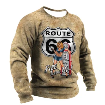 2022 Новая мужская футболка с винтажным принтом Route 66, мужская футболка с длинным рукавом, Топы с круглым вырезом, повседневный пуловер оверсайз 5xl