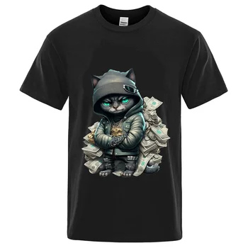 Футболка с милыми Черными Кошками и долларовыми купюрами В стиле хип-хоп, Летняя футболка с круглым вырезом и коротким рукавом, Уличная одежда Harajuku