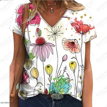 Новая популярная модная темпераментная футболка с V-образным вырезом и короткими рукавами с 3D принтом, пляжный дышащий женский топ с цветочным рисунком и короткими рукавами