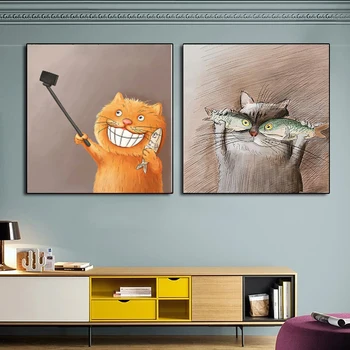 Современная настенная живопись в скандинавском стиле, холст, акварельный плакат с мультяшным котом, плакаты и принты для украшения дома в детской комнате Cuadros