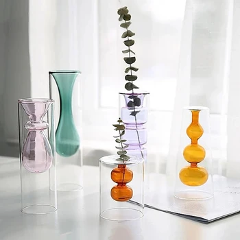 Скандинавская двухслойная ваза из цветного стекла, Гидропоническое украшение для дома, Ваза для цветов, украшение рабочего стола, Мебель, Цветочная композиция