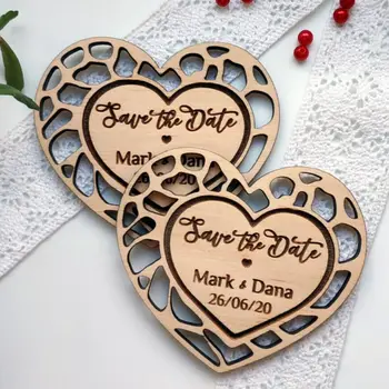 Индивидуальные сердечки с именами жениха и невесты, деревянные свадебные магниты с сохранением даты, сувениры для помолвки, корпоративные подарки
