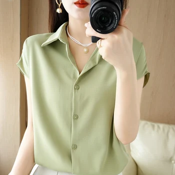 Великолепная летняя новая футболка, Женская рубашка ПОЛО с коротким рукавом, модный шелковый атласный кардиган, Свободная рубашка, пальто, куртка, футболки