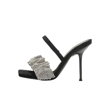 Размер 31-43 Босоножки со стразами Женские черные босоножки на высоком каблуке Летняя обувь с открытым носком