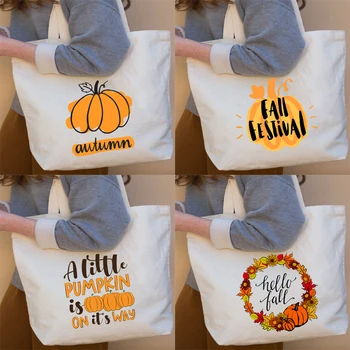 Графическая сумка для покупок Happy Fall Pumpkin в день Хэллоуина, многоразовая сумка для покупок на Хэллоуин, холщовая эко-сумка, тканевая женская сумка