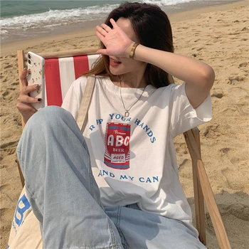 Свободная футболка с ленивым буквенным принтом в стиле ретро, Женские Корейские футболки Harajuku, топы, Японская одежда Kawaii Ulzzang для женщин