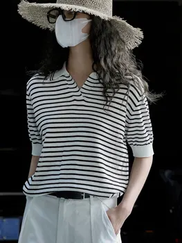 Летняя женская повседневная трикотажная футболка поло в полоску с коротким рукавом