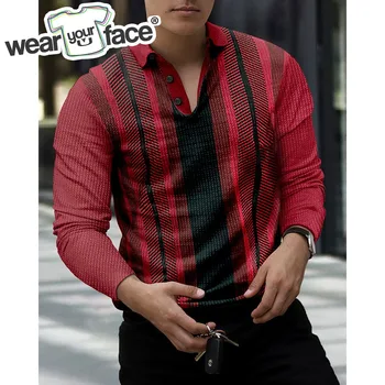 Рубашка поло в контрастную полоску с 3D принтом по всему телу, летняя уличная одежда на пуговицах, Повседневная Спортивная Мужская одежда для отдыха с длинным рукавом