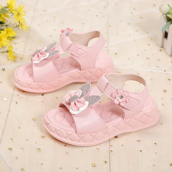 Мягкие босоножки для девочек, летние туфли принцессы с бабочкой и жемчугом, 21-36 Бежево-розовые туфли на плоской платформе, детская мода