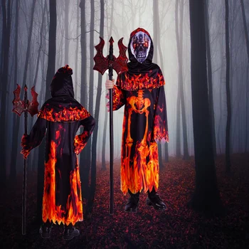 Детские костюмы Огненного дьявола, косплей, Мальчик, Страшный костюм скелета, халат, Вечеринка на Хэллоуин для детей, костюмы ужасов