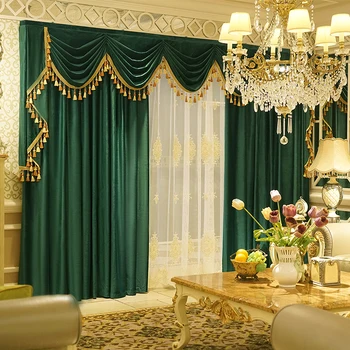 Современные европейские роскошные плотные шторы для гостиной спальни Темно-зеленый сплошной бархат, Многоцветные шторы на заказ, Плоский Балдахин