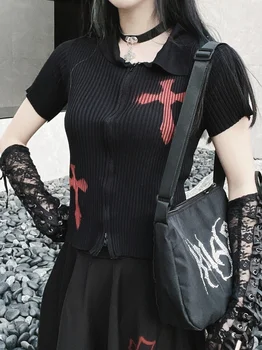 Miub панк, черный кардиган с короткими рукавами, поло, рок-готический тонкий летний свитер с вышивкой крестом