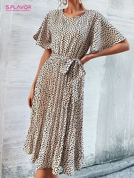 S.FLAVOR Модные Женские Летние пляжные платья в стиле Бохо с леопардовым принтом, повседневные вечерние платья трапециевидной формы с круглым вырезом и коротким рукавом, Облегающее платье средней длины
