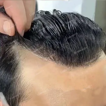 Мужской парик из сверхпрочной тонкой кожи из 100% искусственных человеческих волос, мужской парик из микрокожи, капиллярный протез из натуральных волосяных покровов