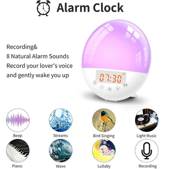 Умный будильник с функцией пробуждения, прикроватный ночник 6 цветов с имитацией восхода солнца, управление голосом / приложением, функция повтора